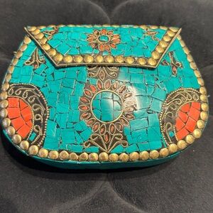 Ramla Mosaic Clutch with Turquoise and Red Accents. Hand made in Morocco